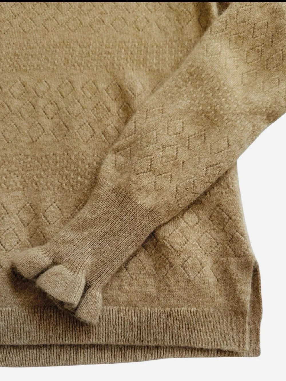 J.Crew 100% Cashmere Camel Pointelle Diamond Knit Ruffle Cuff Sweater S